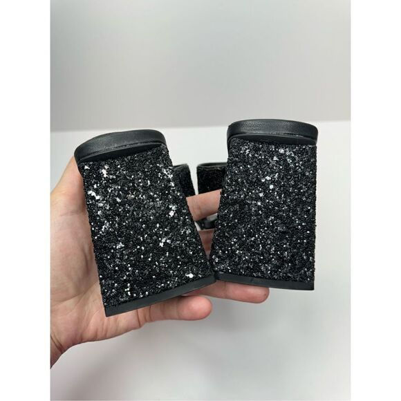Abound Dress Sandals Size 7.5 Black Carina Glitter Slip On Open Square Toe Heels - Picture 5 of 8